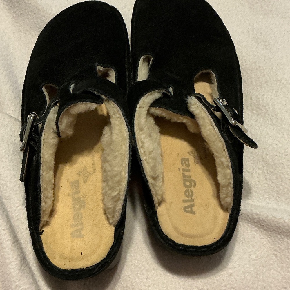 Alegria Black Suede Slip-On Shoes with Buckle
